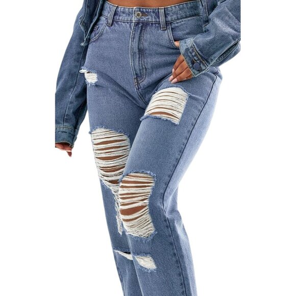 2/$30 NWT PrettyLittleThing Size 6 Distressed Blue Mom Jeans - Picture 4 of 16